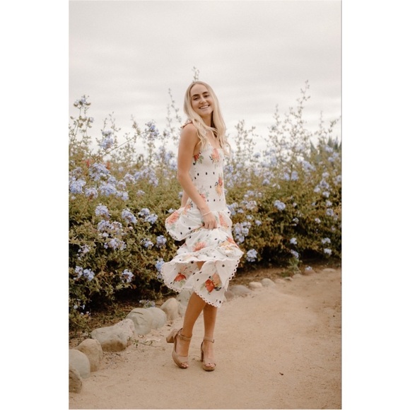 FARM Rio Dresses & Skirts - Farm Rio Nanaju Midi Polka Dot Floral Tiered‎ Swiss Dot Dress Smocked Medium